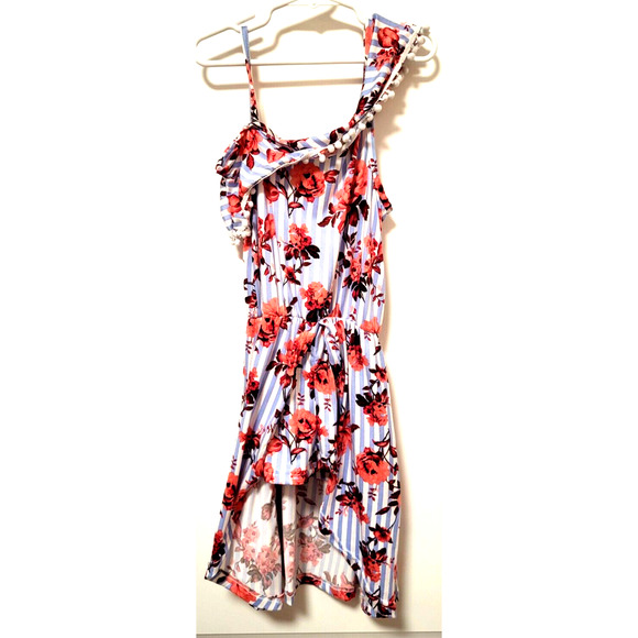 Blue White Striped Floral Assymetrical Off Shoulder HiLo Skirted Romper Size 4T - Picture 10 of 10